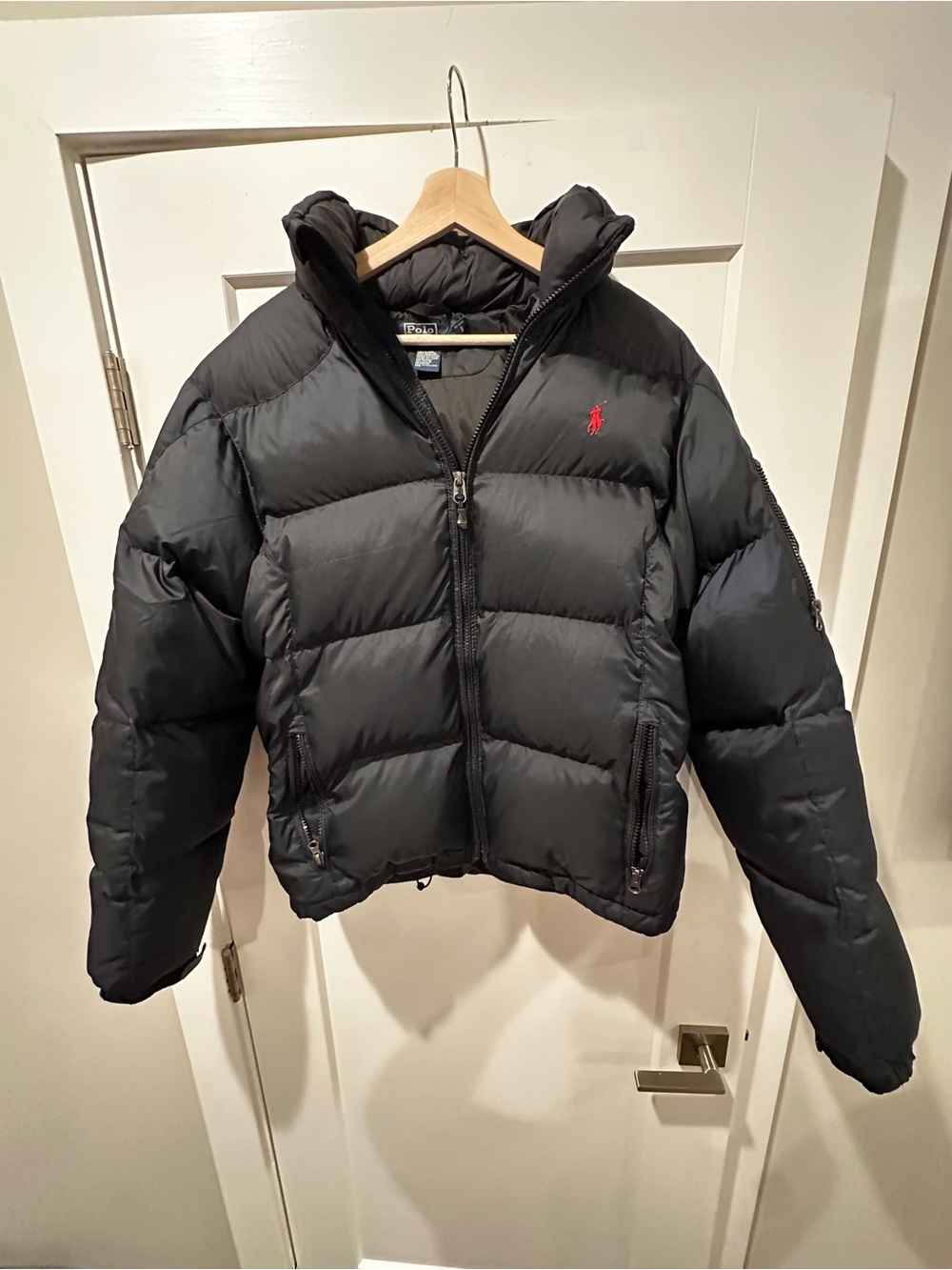Vintage Polo RALPH LAUREN Black Mens Medium Down Fill Hooded Coat Jacket